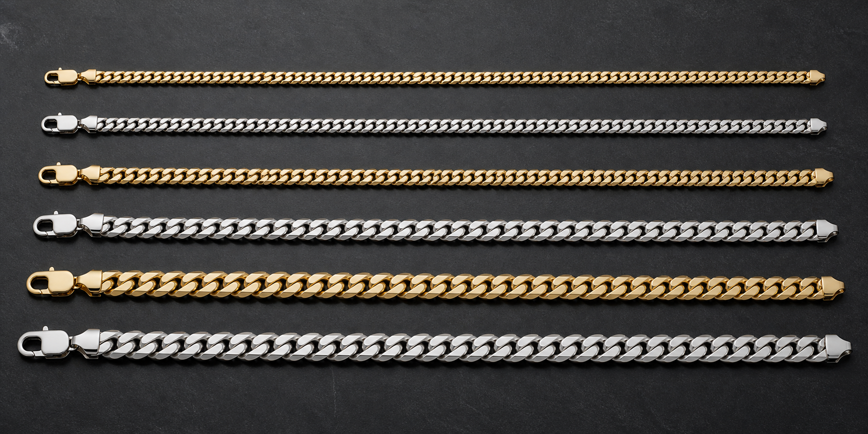 Cuban link chain style comparison from slim to bold widths