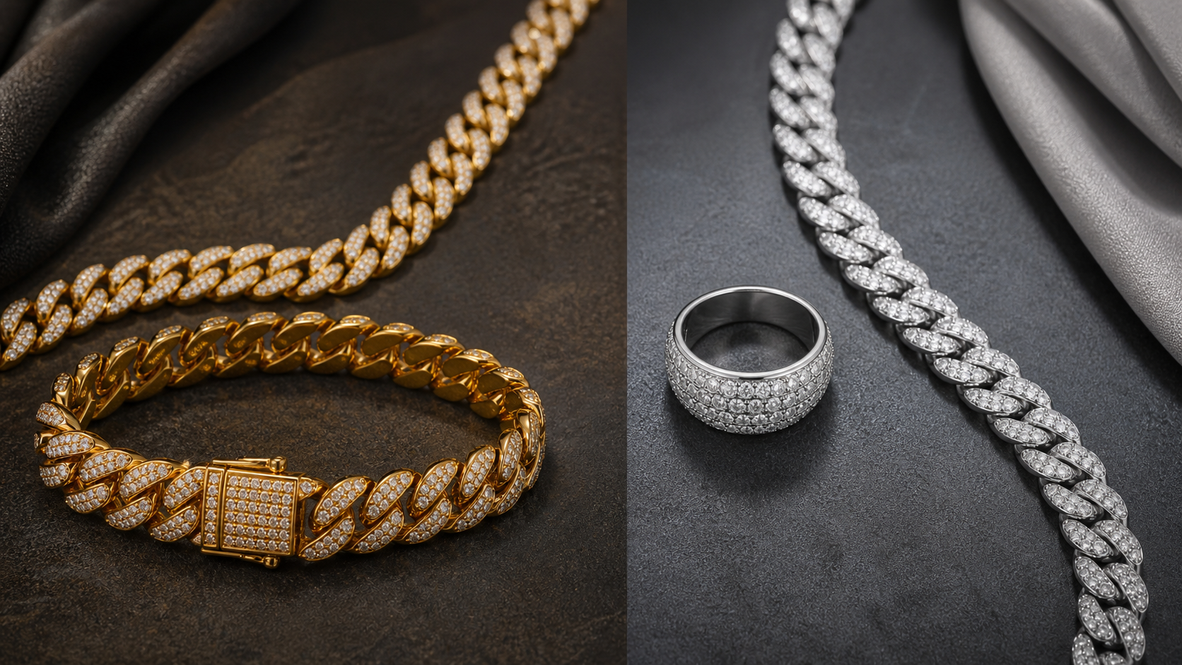 Gold and silver iced jewelry arranged side by side for a finish comparison