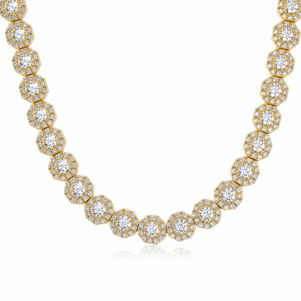 Gold tone cluster tennis chain with round CZ stone links