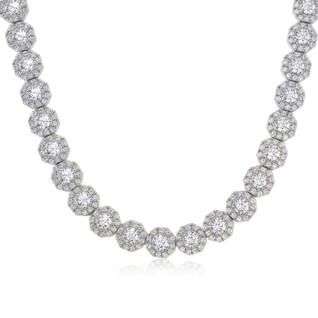 Cluster tennis chain with iced-out CZ stones in silver tone