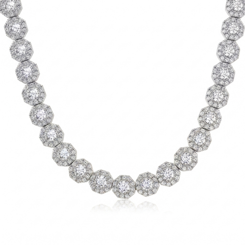 Cluster tennis chain with iced-out CZ stones in silver tone