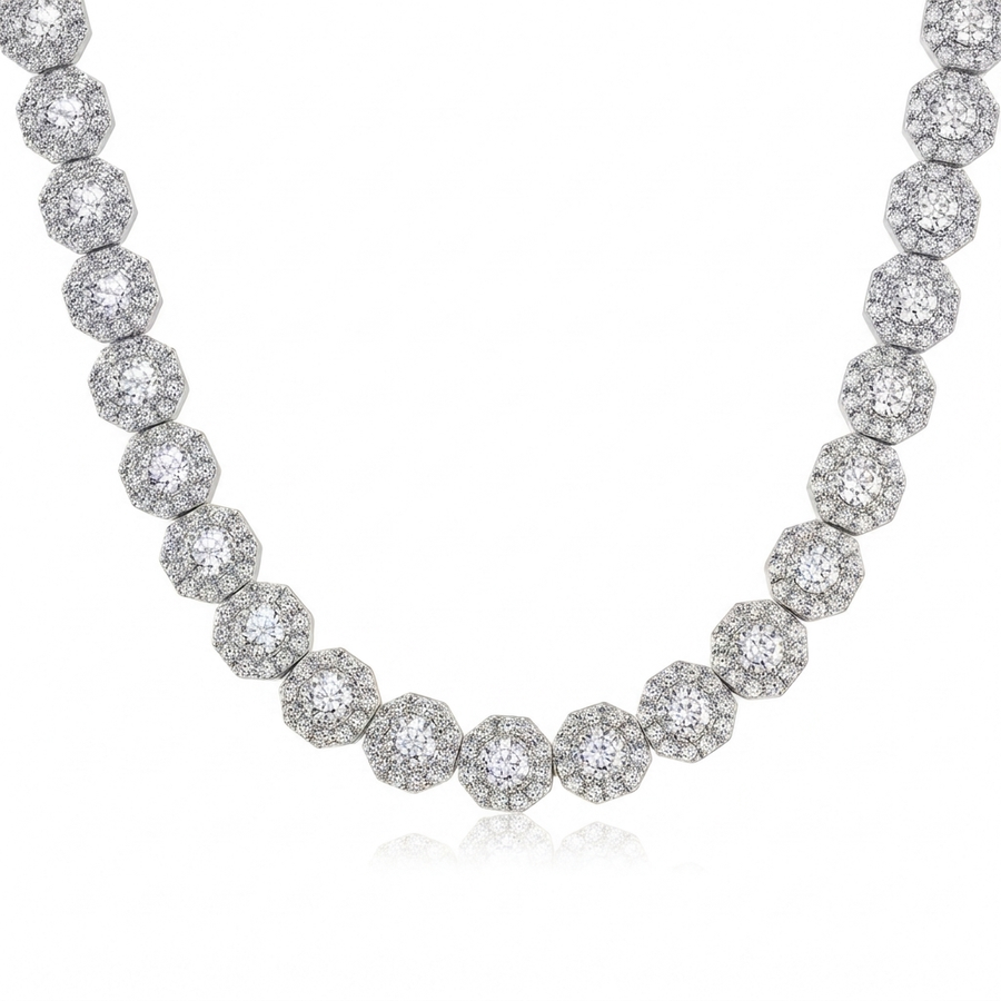 Cluster tennis chain with iced-out CZ stones in silver tone