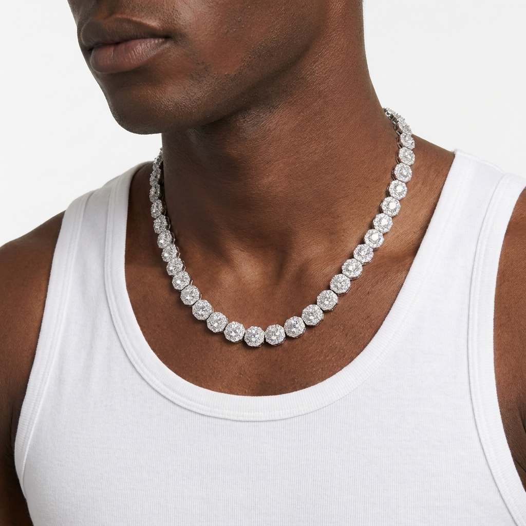 Men's cluster tennis chain styled with a streetwear outfit