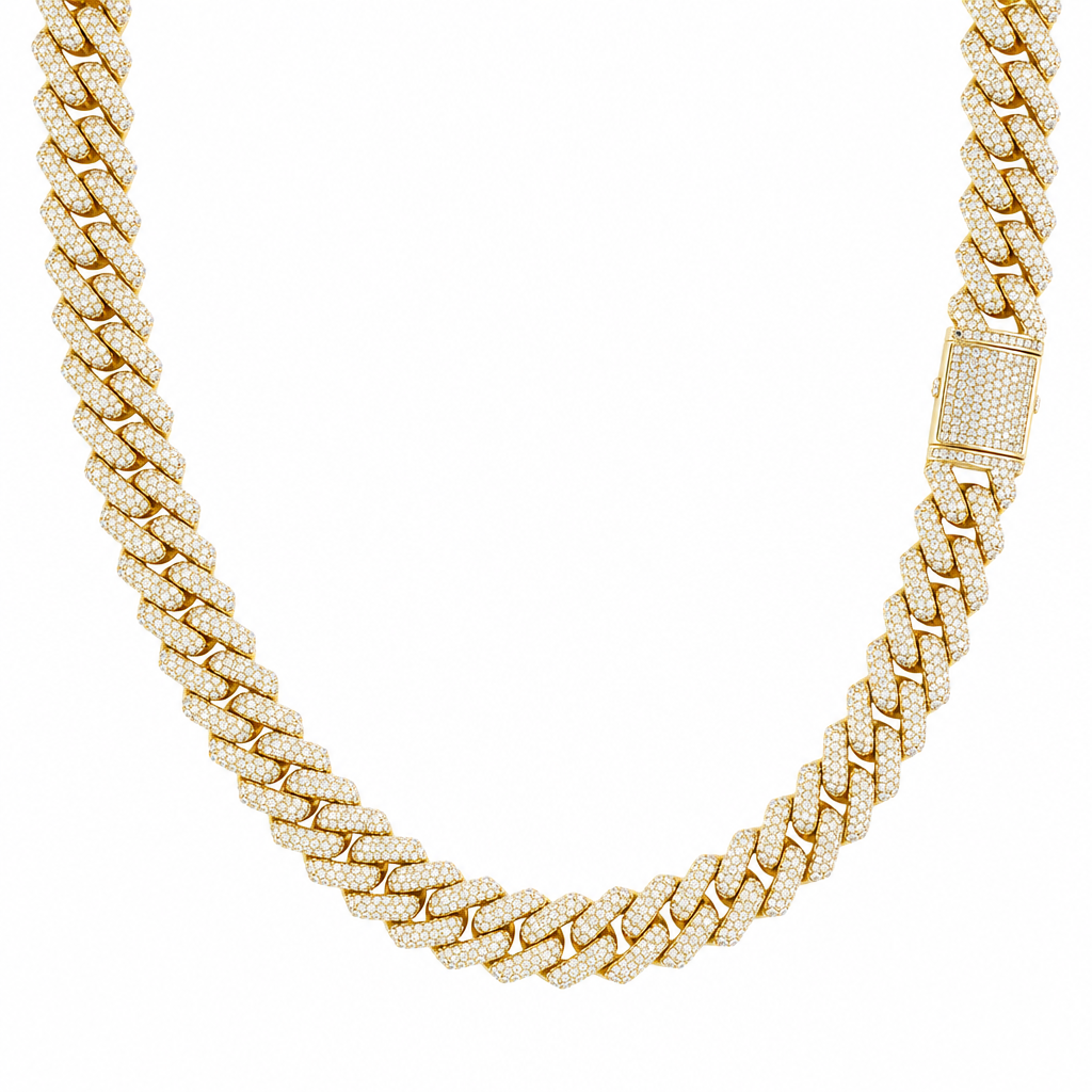 Gold 12mm double-row diamond moissanite Cuban link necklace