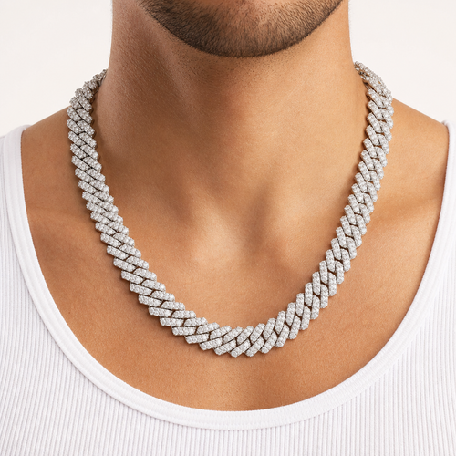 Model wearing 12mm double-row diamond moissanite Cuban link necklace