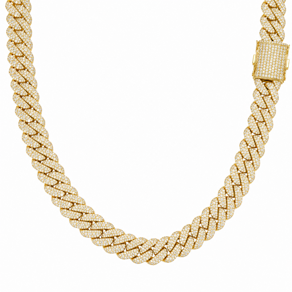 Gold 12mm triple-row moissanite Cuban link necklace