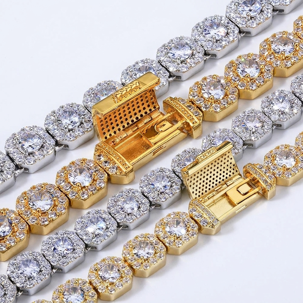 Close-up of cluster tennis chain clasp and CZ stone setting