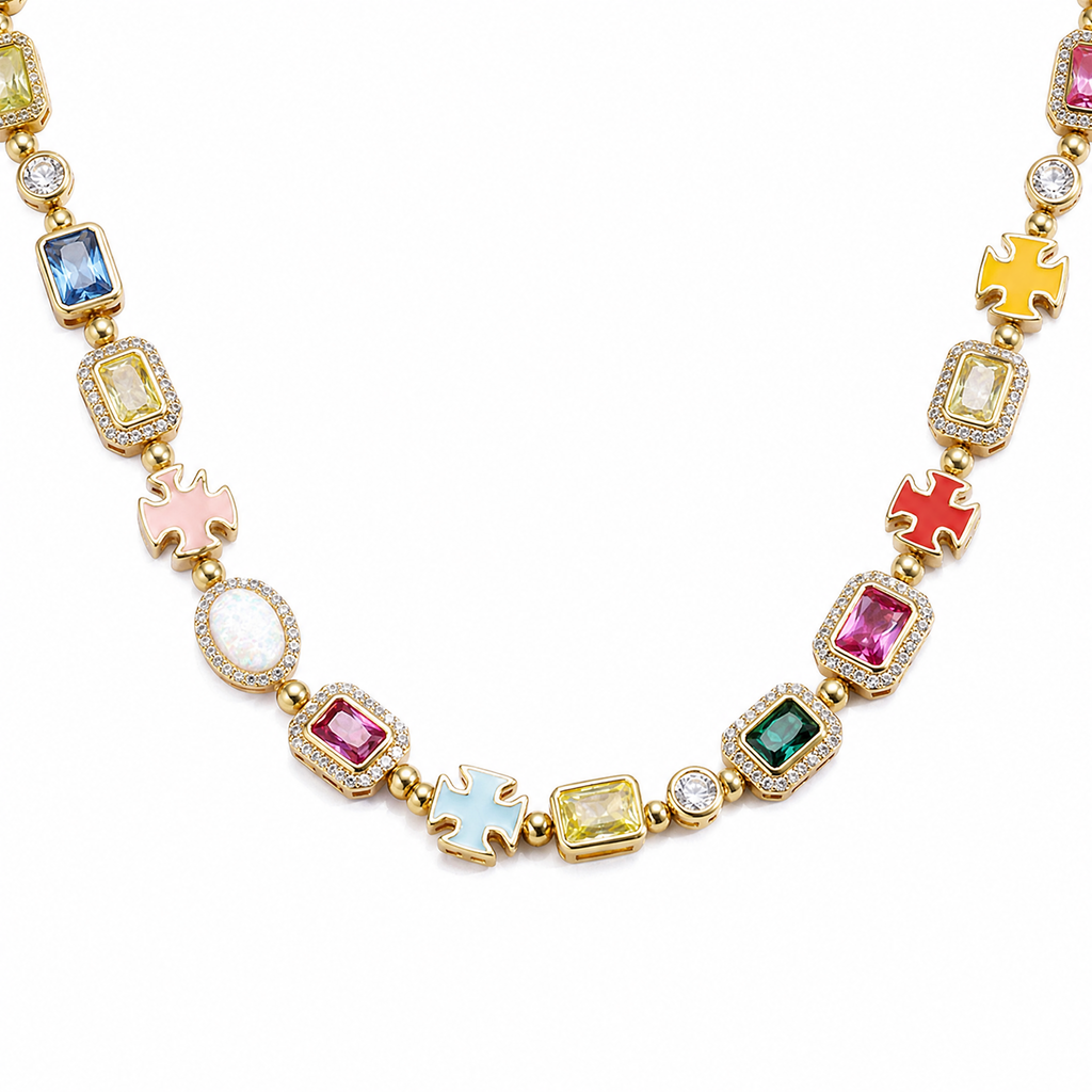 Lucky charm tennis chain with multicolored CZ stones in gold tone