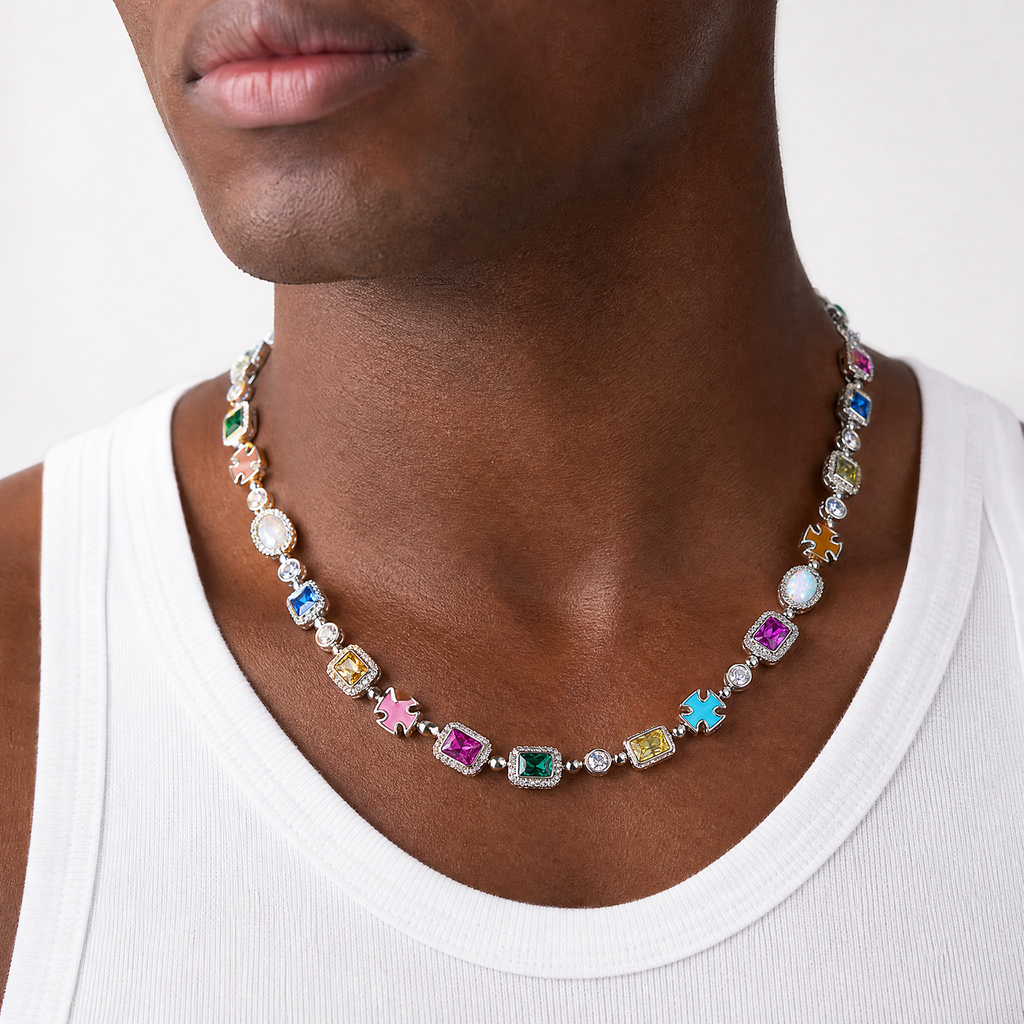Men's lucky charm tennis chain styled with a white tank top