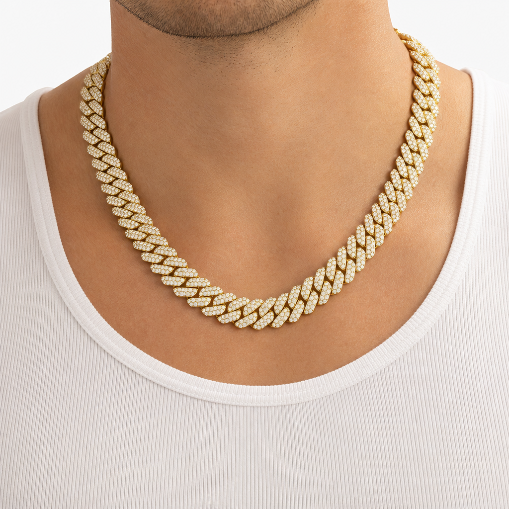 Model wearing gold 15mm double-row moissanite Cuban link necklace