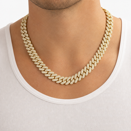 Model wearing gold 15mm double-row moissanite Cuban link necklace