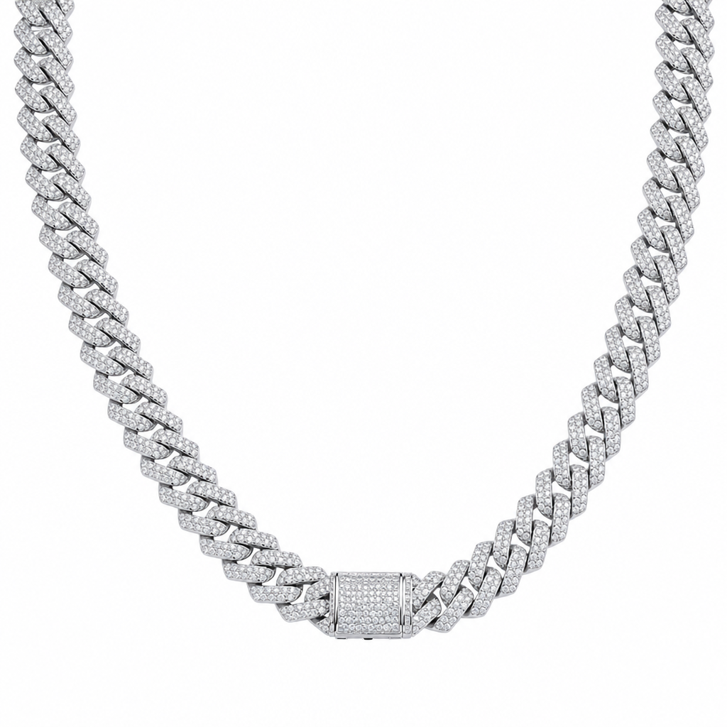 White gold 15mm double-row moissanite Cuban link necklace