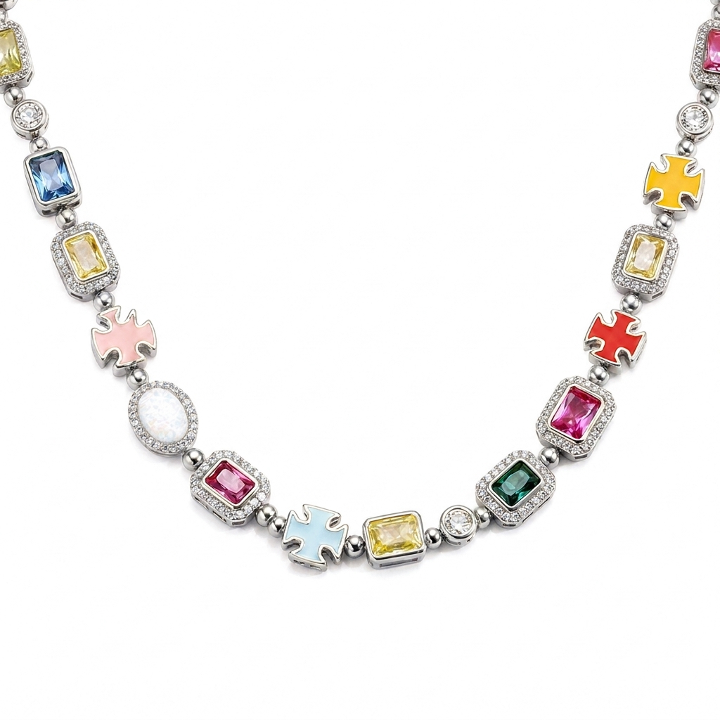 Multicolor lucky charm tennis chain with CZ stones and charm details