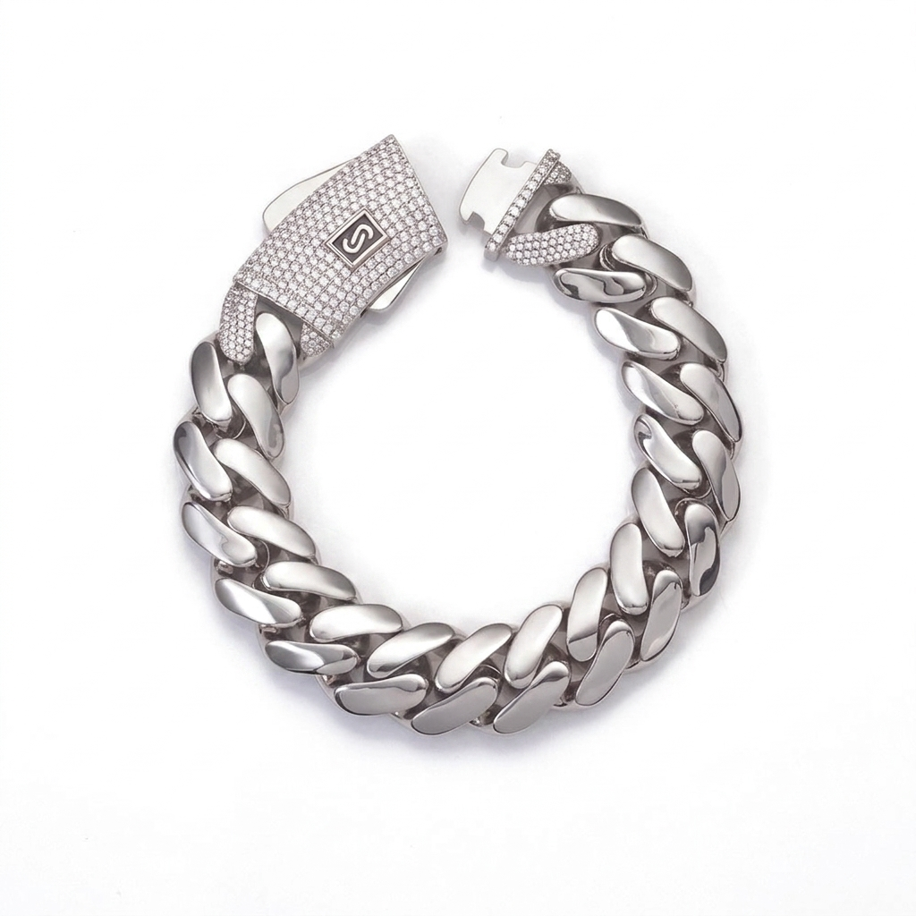 Silver half-iced Miami Cuban bracelet with polished Cuban links