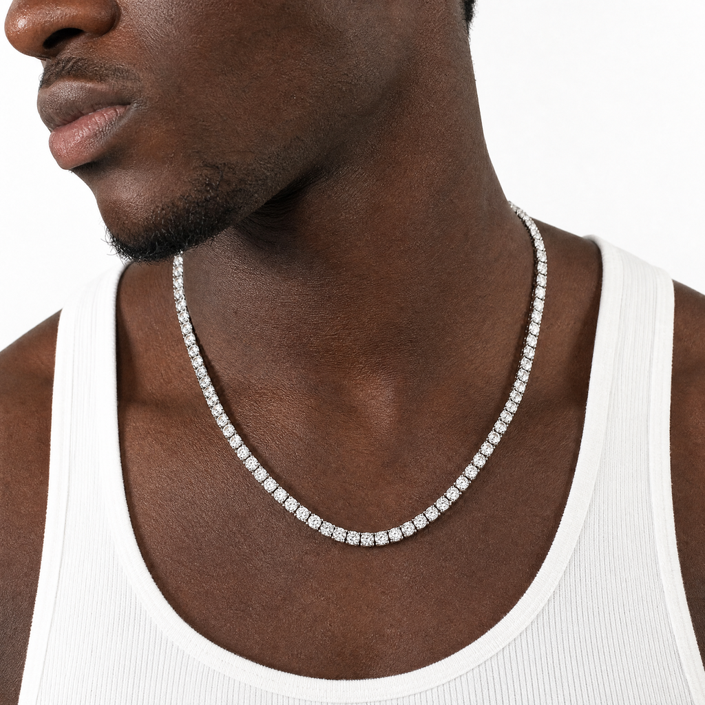 Men wearing white gold tennis chain necklace
