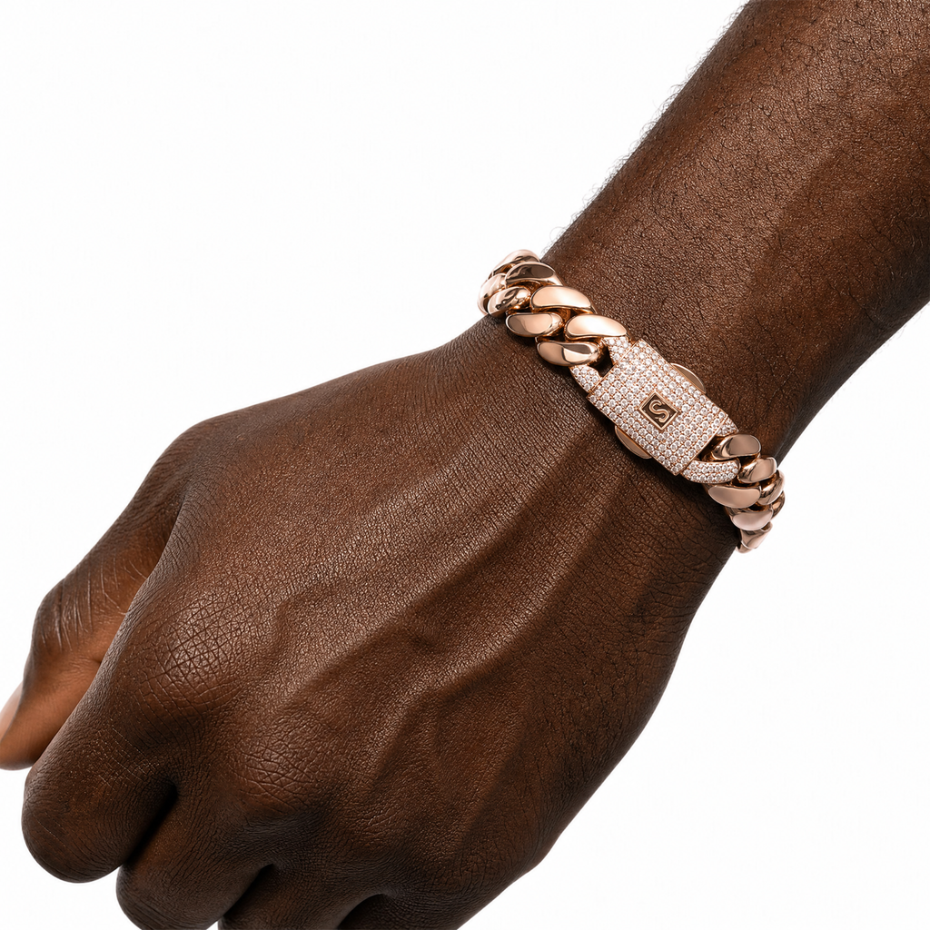 Men's half-iced Miami Cuban bracelet worn with streetwear style