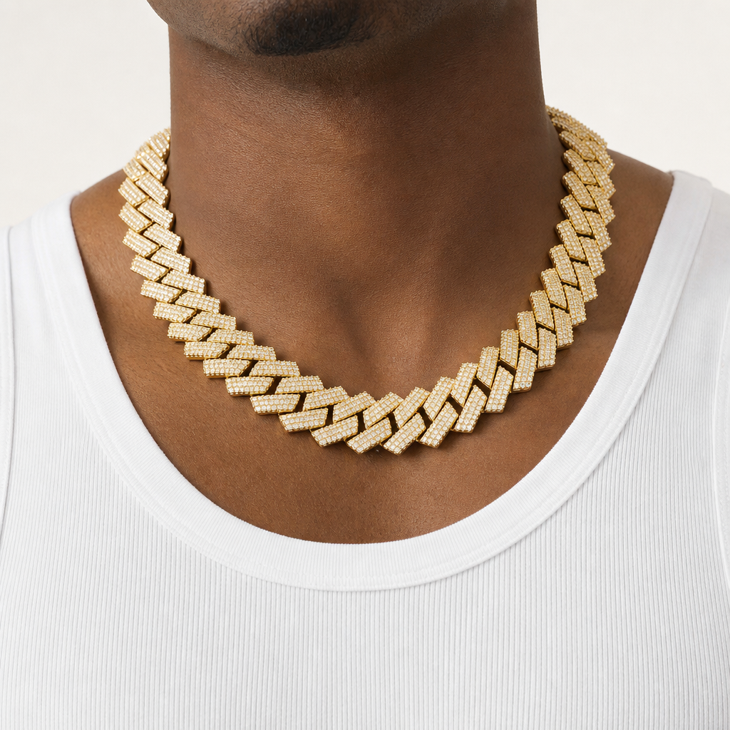 Model wearing gold 20mm double-row T-square moissanite Cuban link necklace