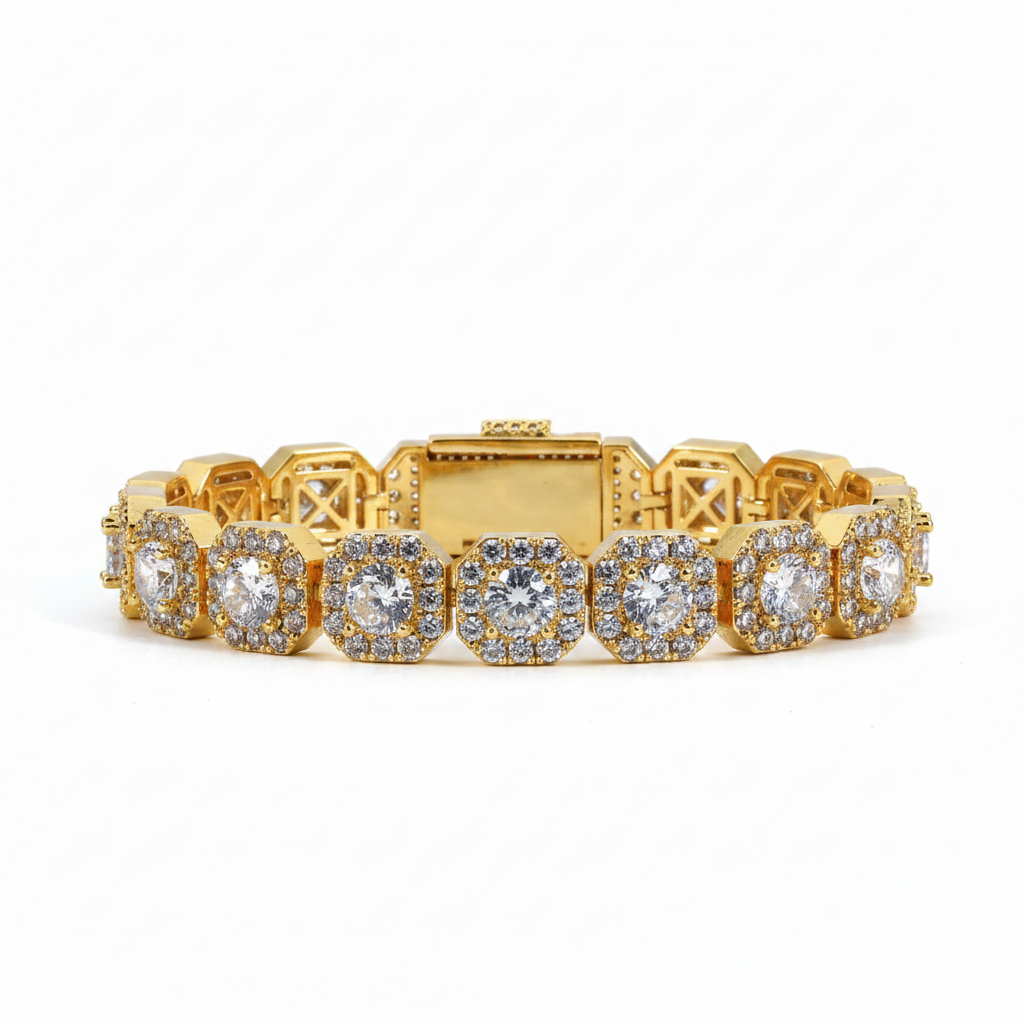 Gold tone cluster tennis bracelet with round CZ stone links