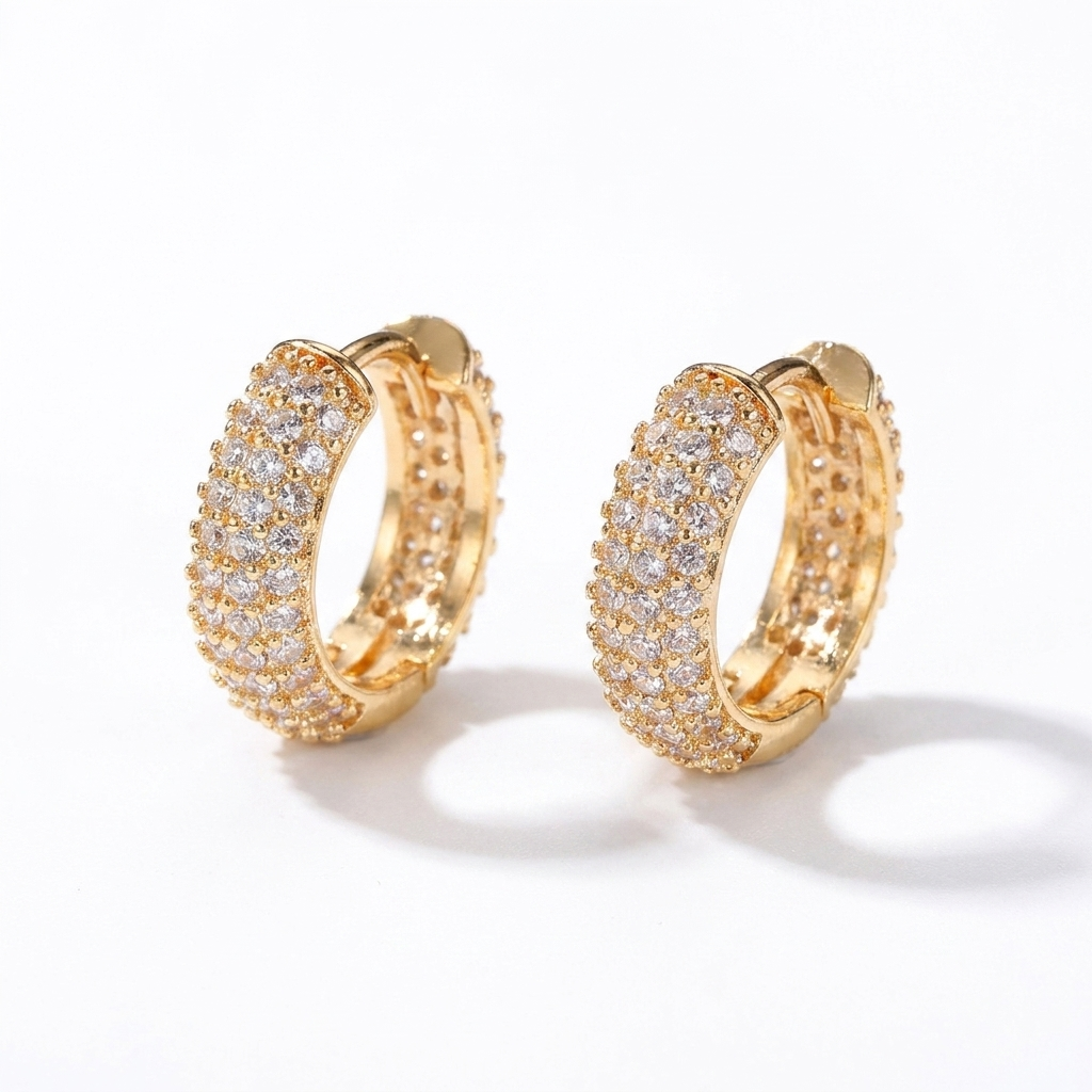 Gold iced out triple-row hoop earrings with CZ stones