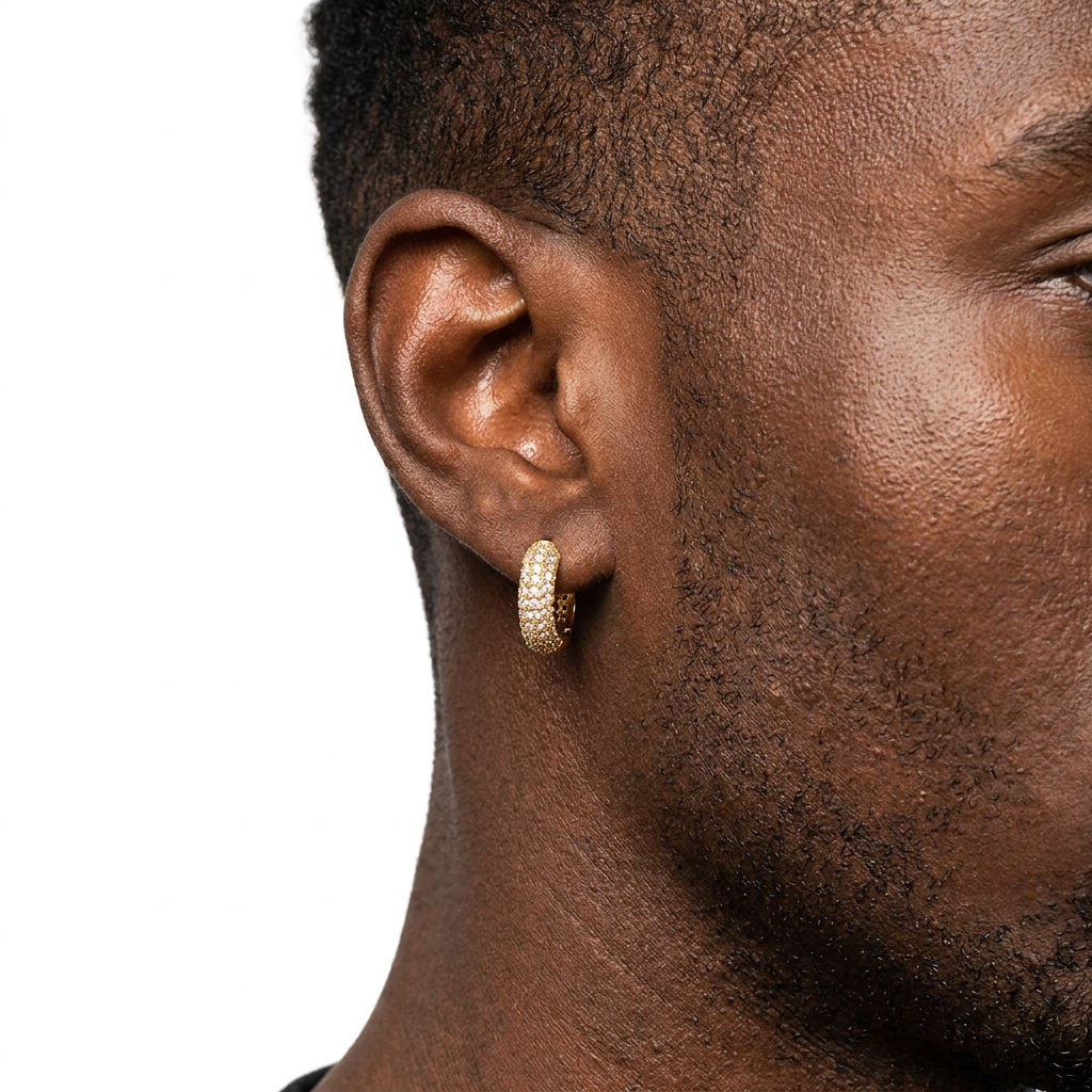 Iced out triple-row hoop earring worn on ear