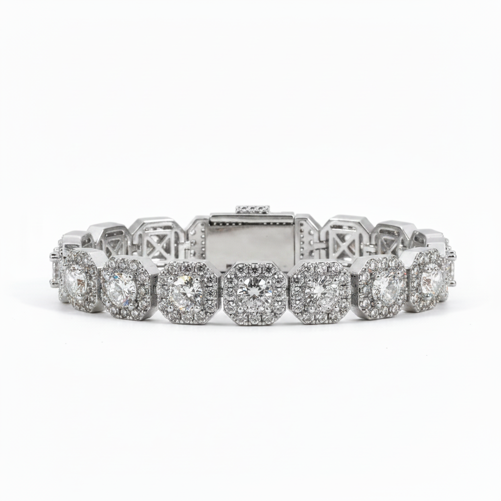 Cluster tennis bracelet with iced-out CZ stones in silver tone