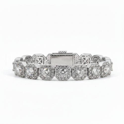 Cluster tennis bracelet with iced-out CZ stones in silver tone
