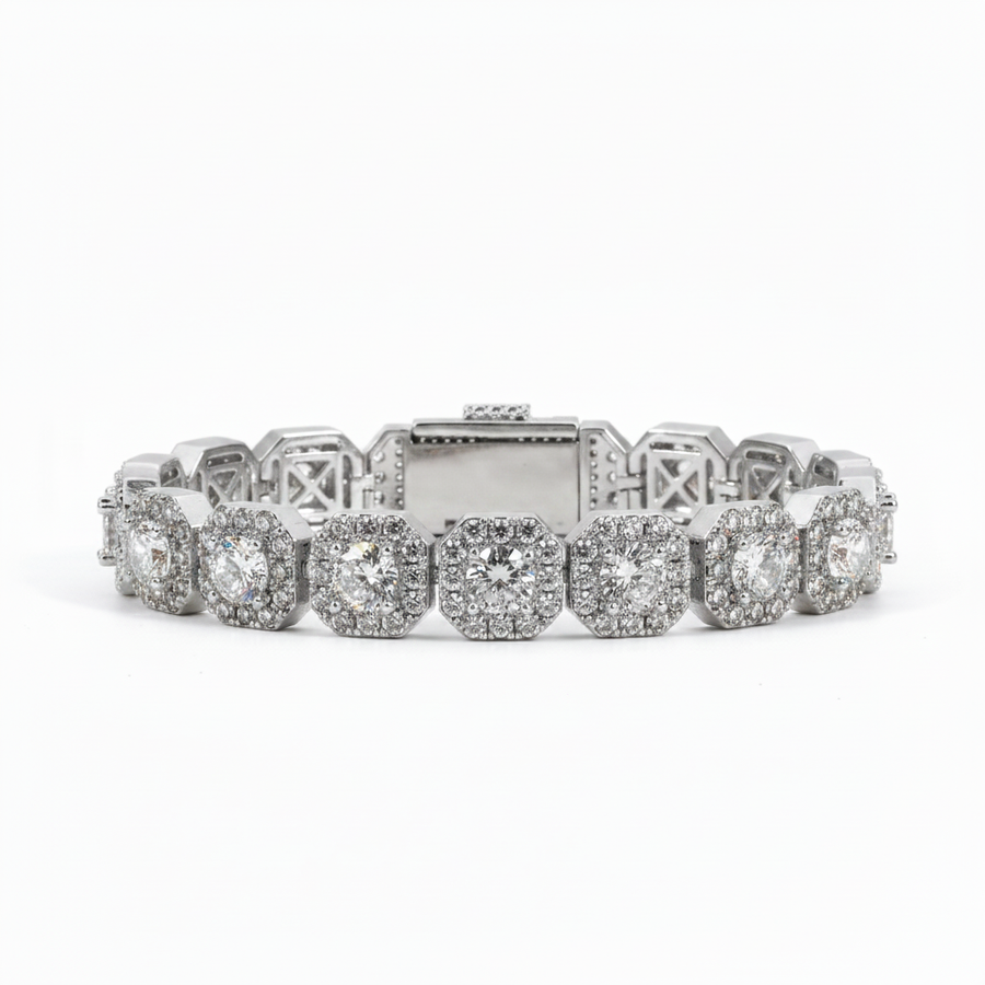Cluster tennis bracelet with iced-out CZ stones in silver tone