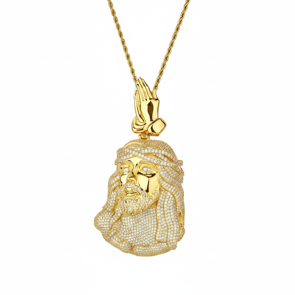 Gold iced out praying Jesus pendant with CZ stones and rope chain