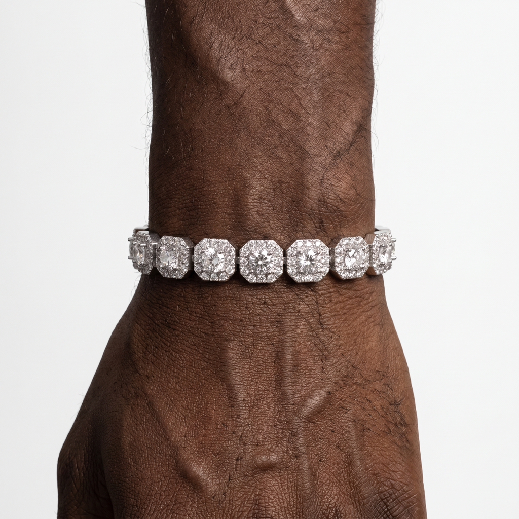 Men's cluster tennis bracelet worn with streetwear style