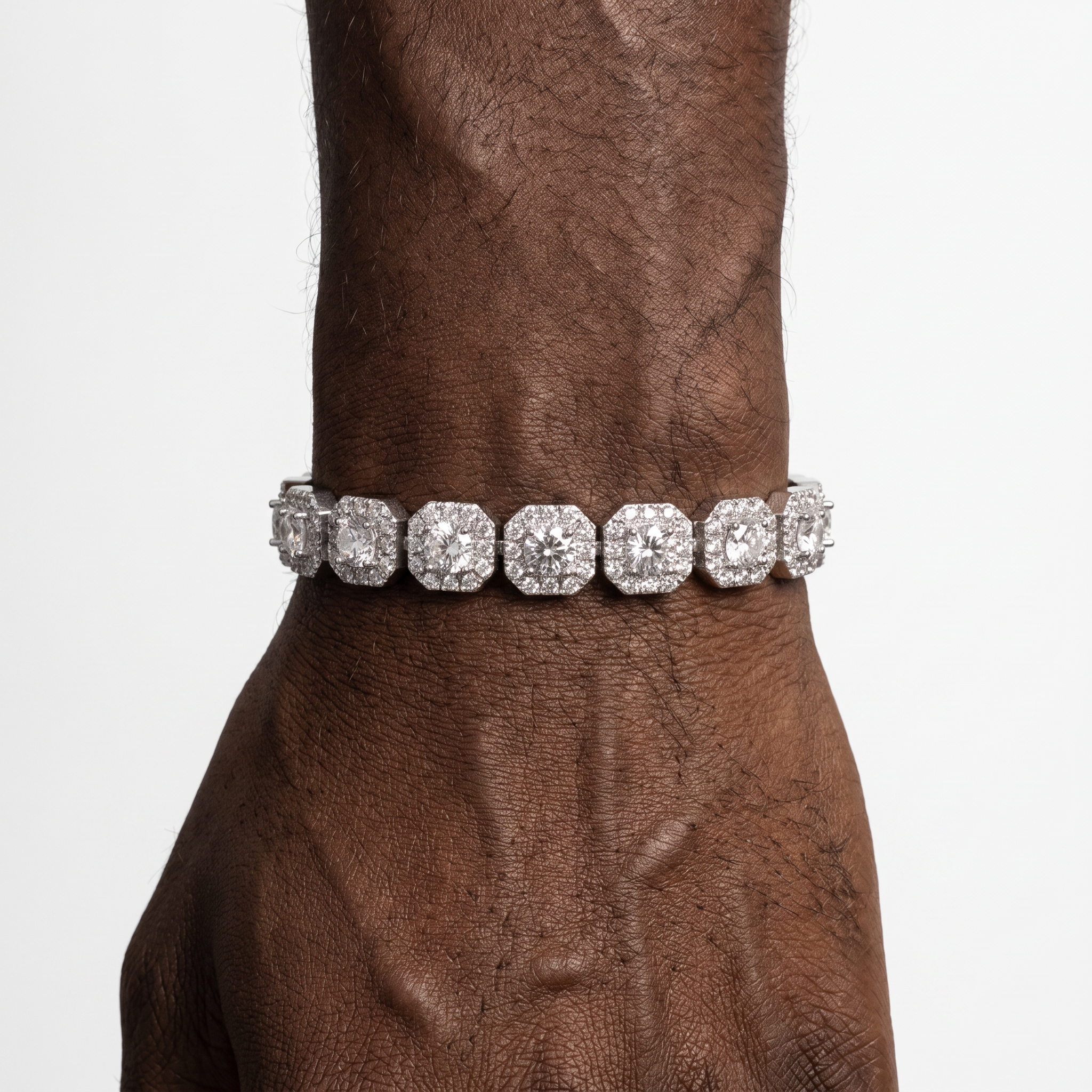 Men's cluster tennis bracelet worn with streetwear style