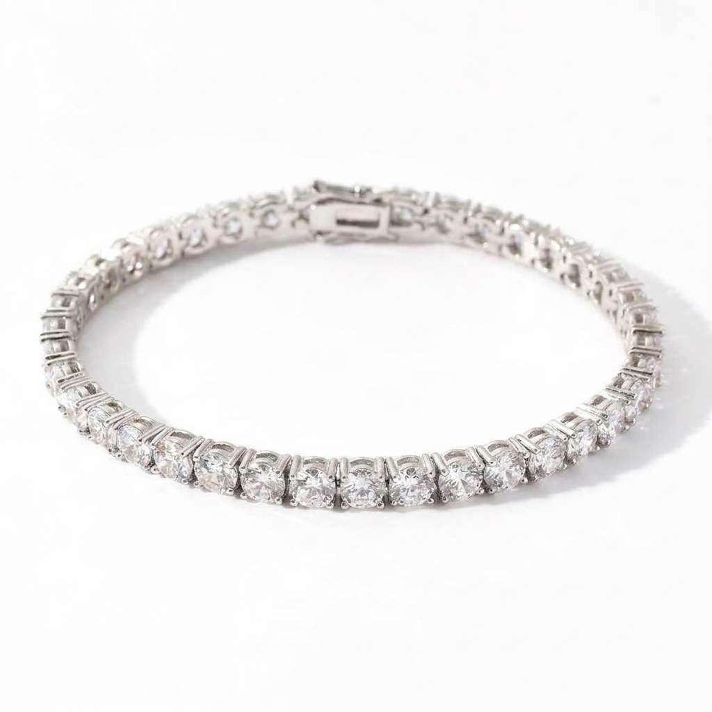 White gold CZ tennis bracelet on white background

