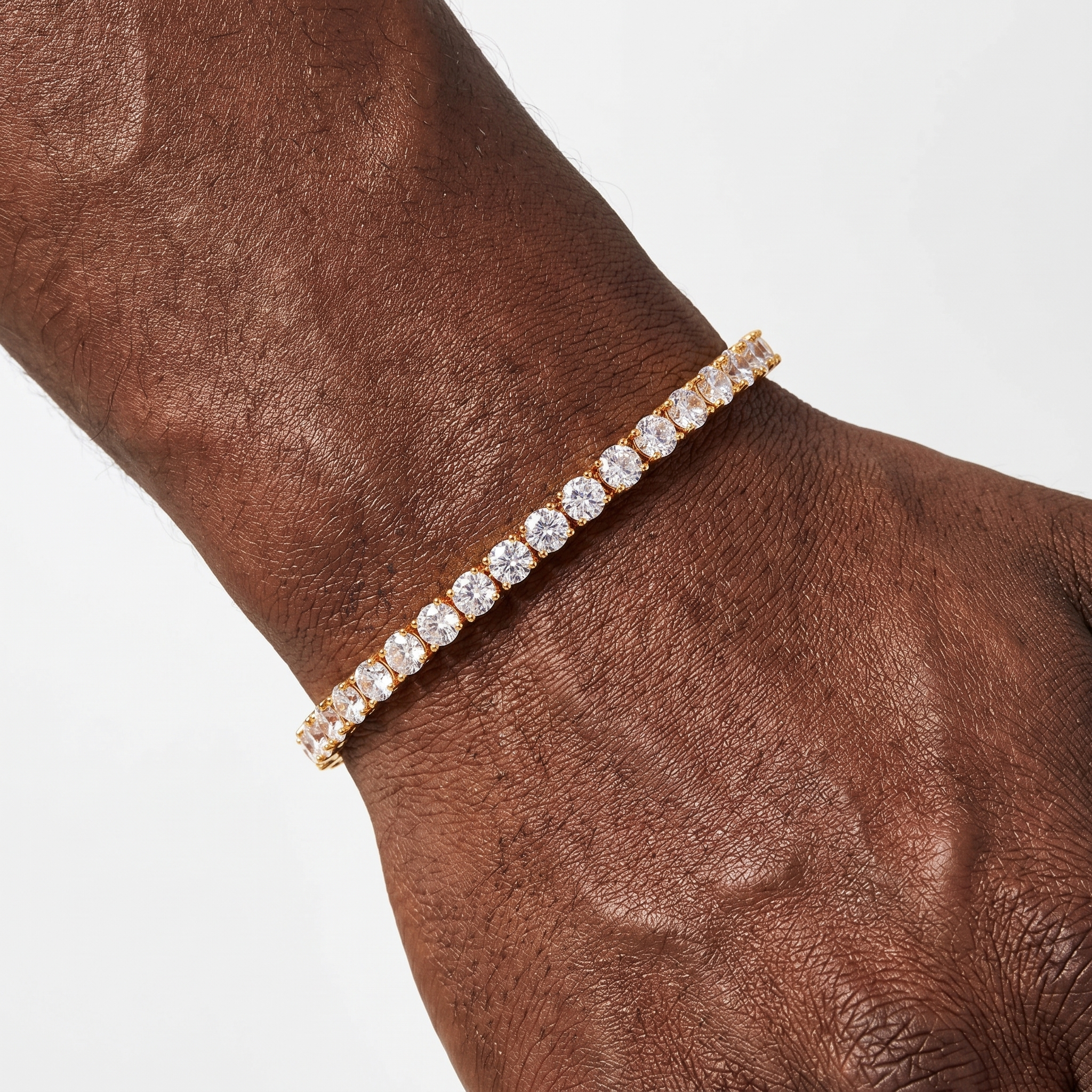 Model wearing white gold CZ tennis bracelet
