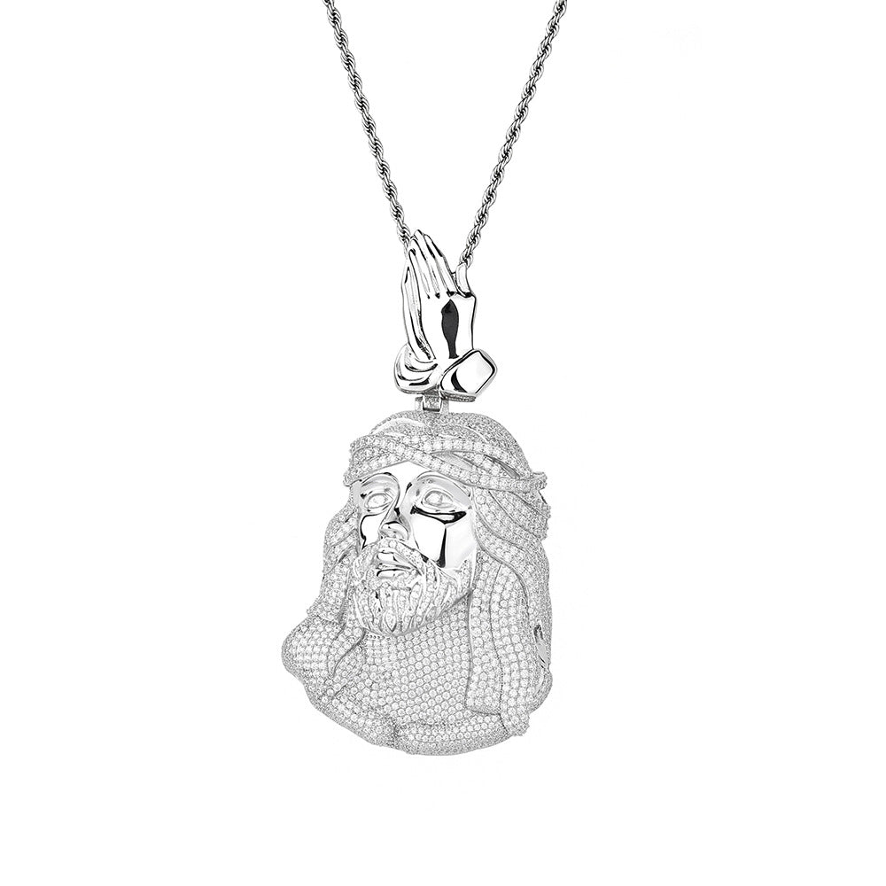 Silver iced out praying Jesus pendant with CZ stone detailing