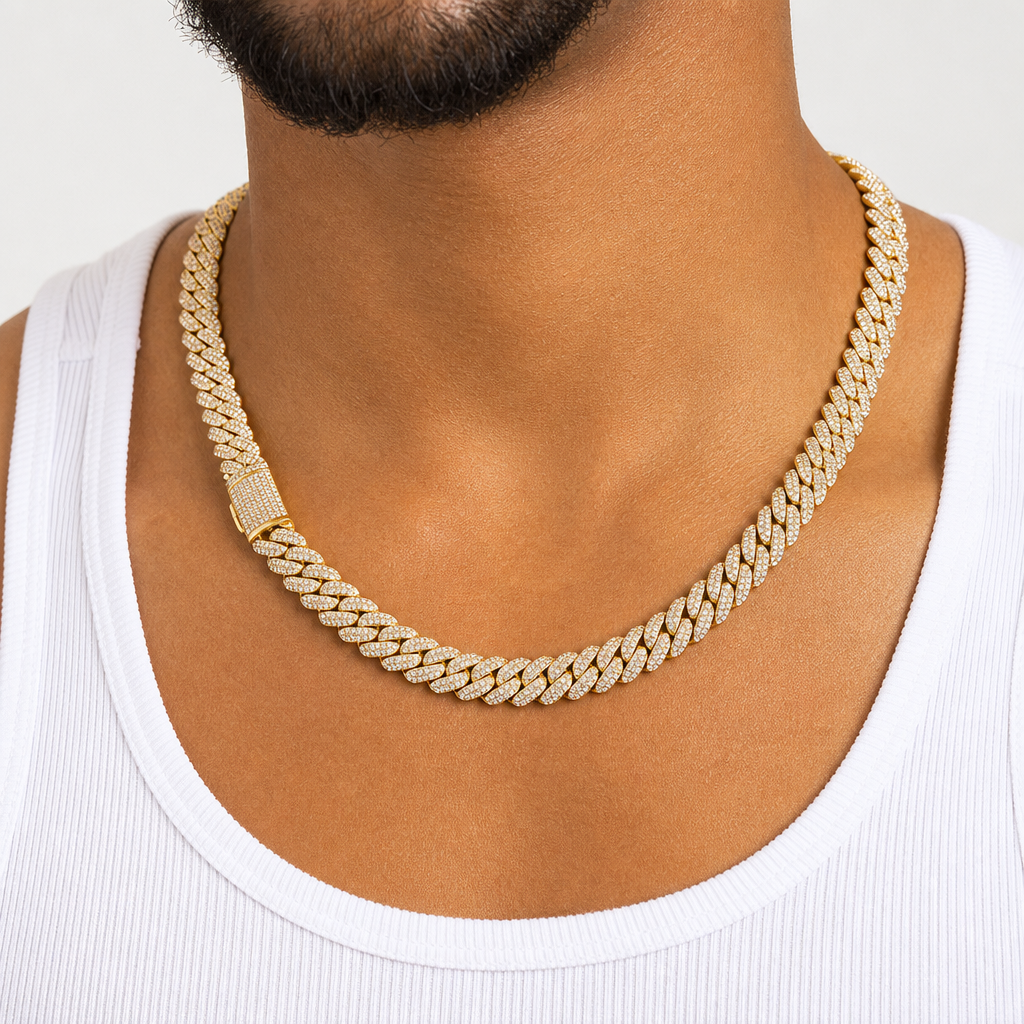 Gold 10mm moissanite Cuban link necklace worn by model