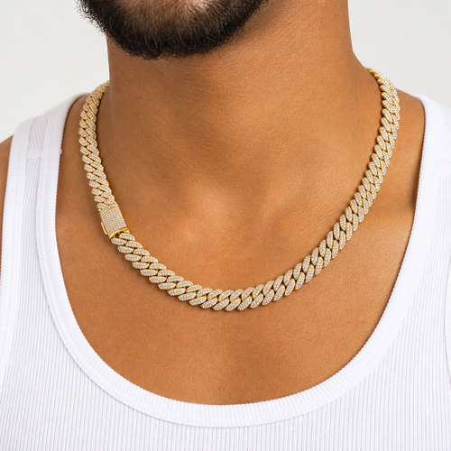 Gold 10mm moissanite Cuban link necklace worn by model