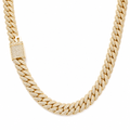 Gold 10mm moissanite Cuban link necklace on white background