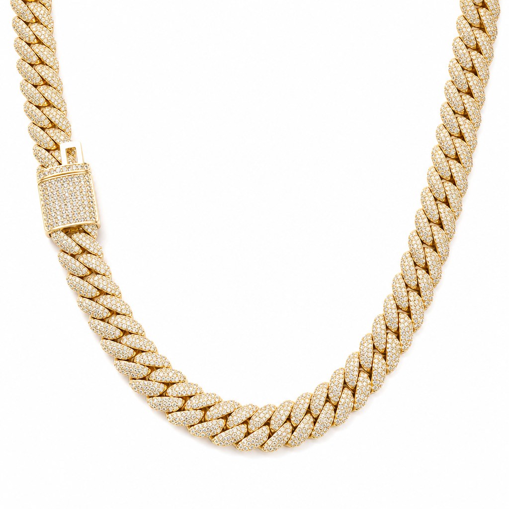 Gold 10mm moissanite Cuban link necklace on white background