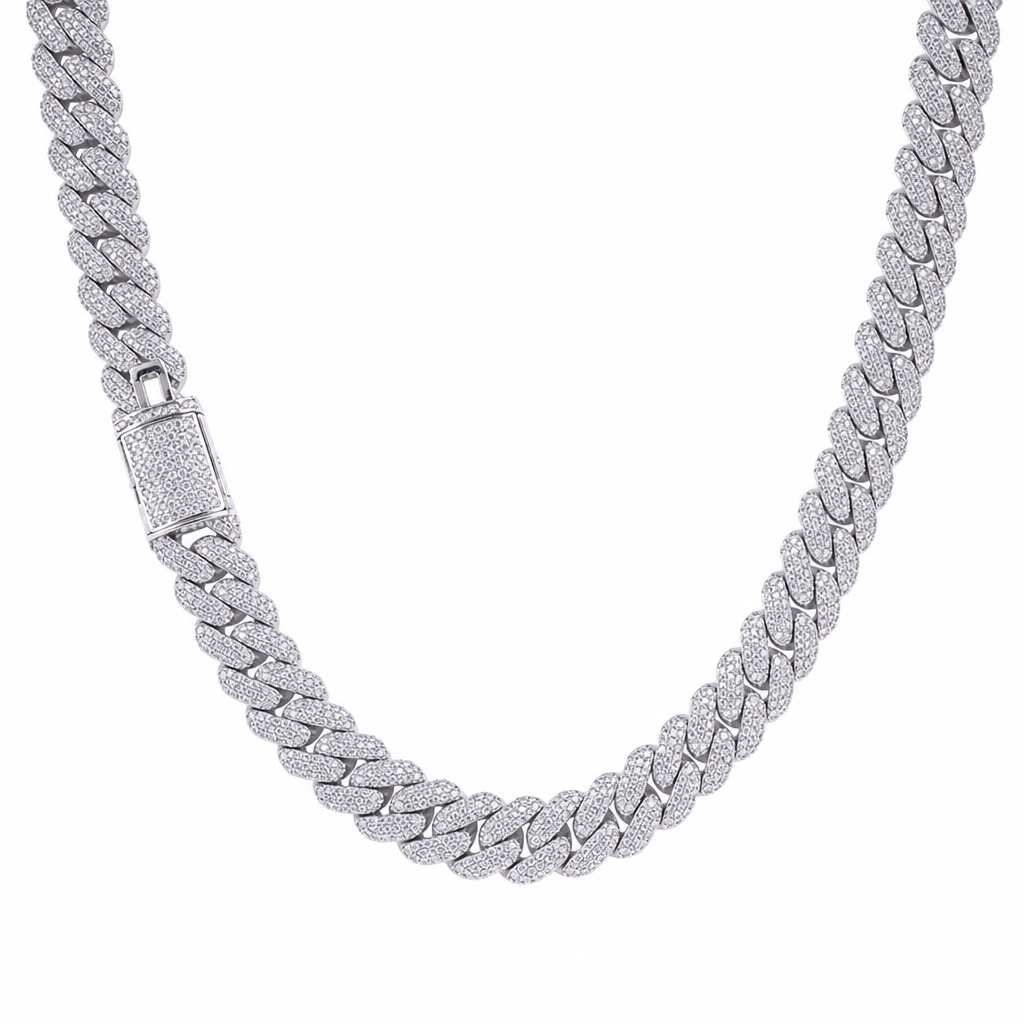 White gold 10mm moissanite Cuban link necklace on white background
