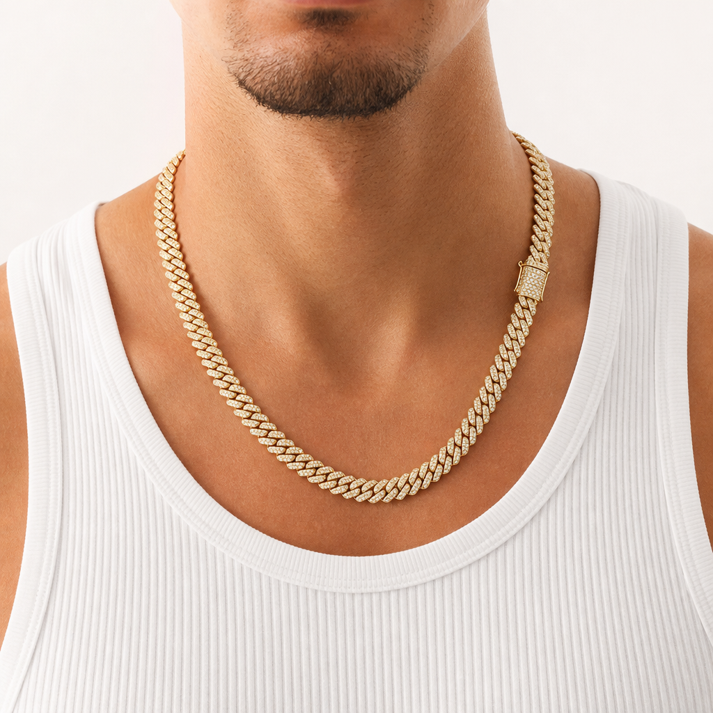 Gold 6mm moissanite Cuban link necklace worn by model