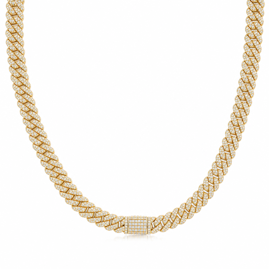 Gold 6mm moissanite Cuban link necklace on white background