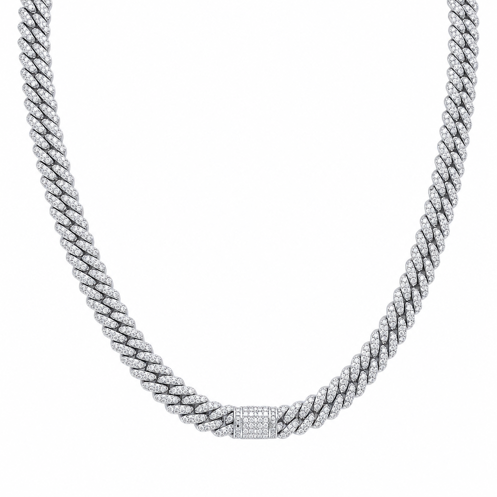 White gold 6mm moissanite Cuban link necklace on white background