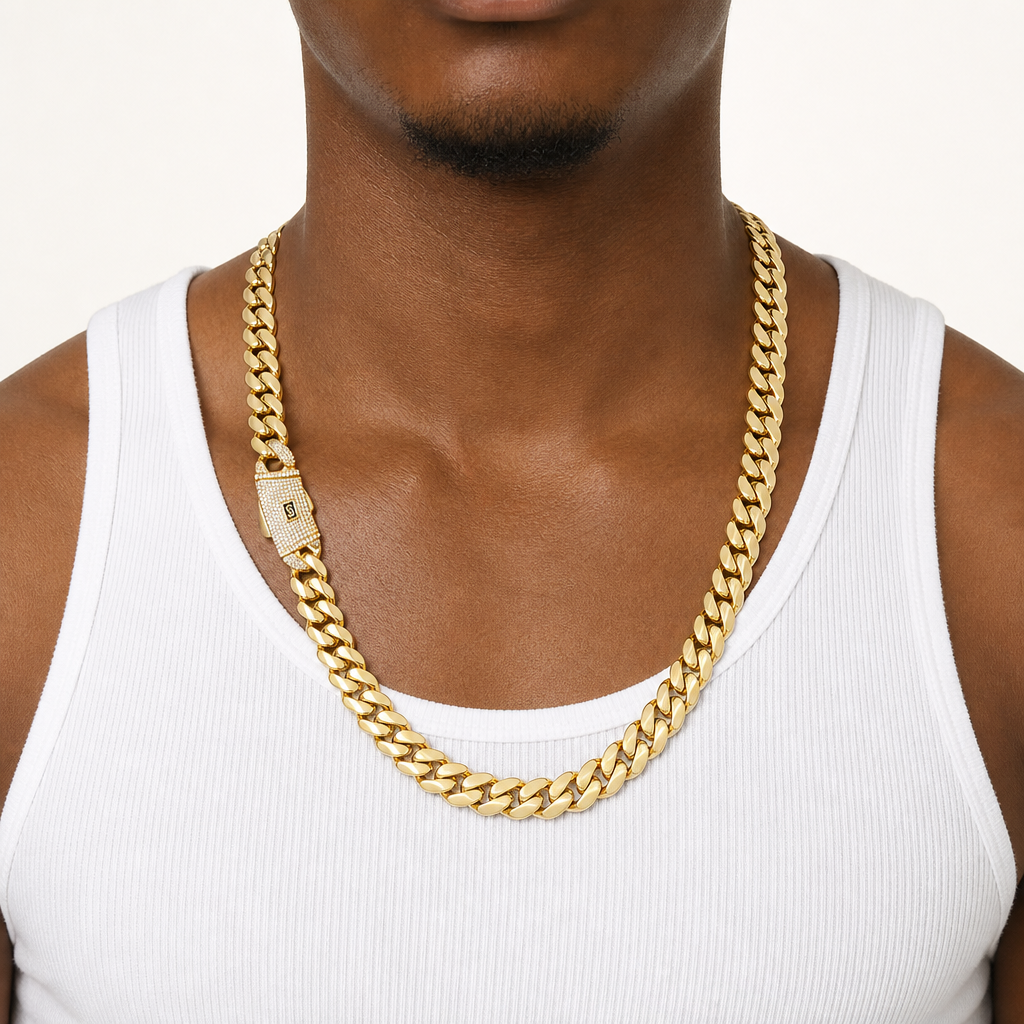 Model wearing Gold Polished Iced Cuban Link Chain