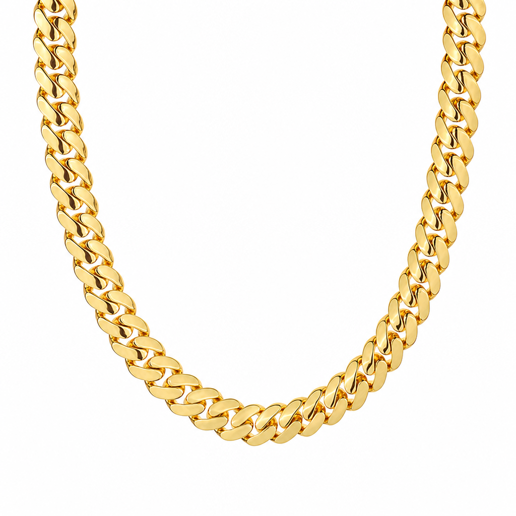 Gold Polished Iced Cuban Link Chain on white background