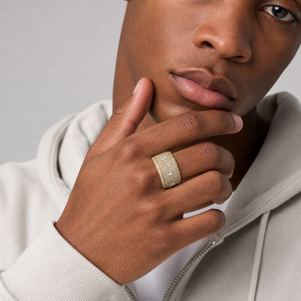 Model wearing Iced Baguette Wide Band Ring in Gold Plated