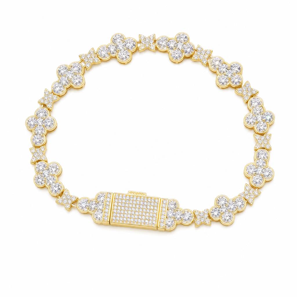 Gold plated Iced Clover Cross Bracelet on white background