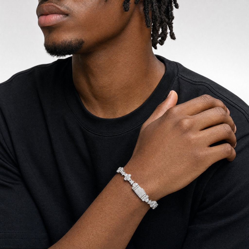 White Gold Iced Clover Cross Bracelet worn by a male model