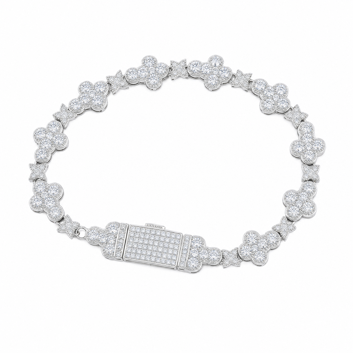 White Gold Iced Clover Cross Bracelet on white background