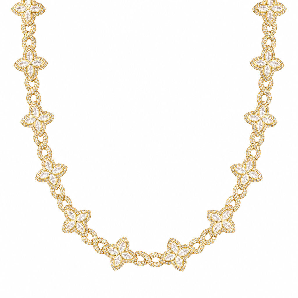 Iced Floral Cuban Link Chain in Gold Plated on white background