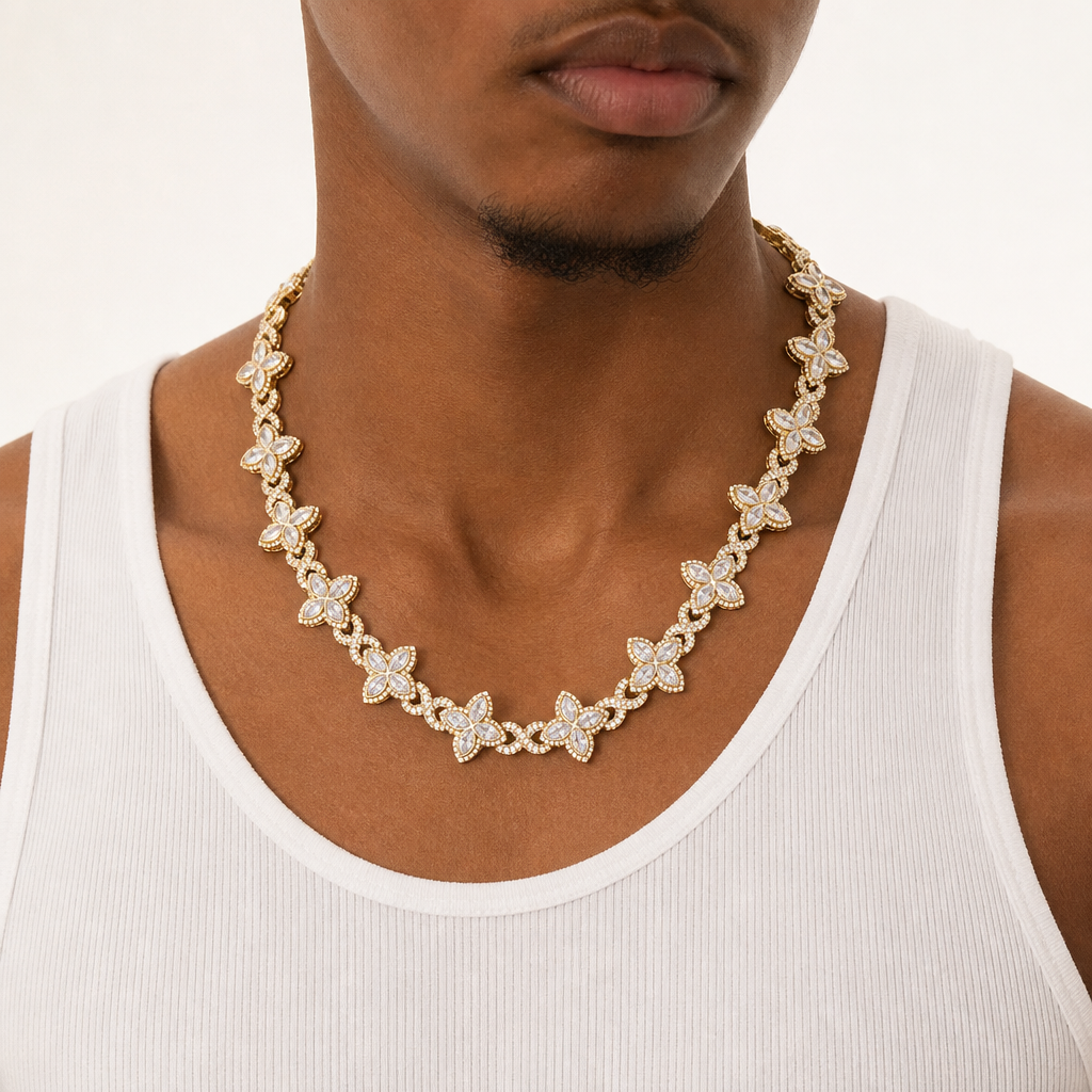 Model wearing Iced Floral Cuban Link Chain in Gold Plated