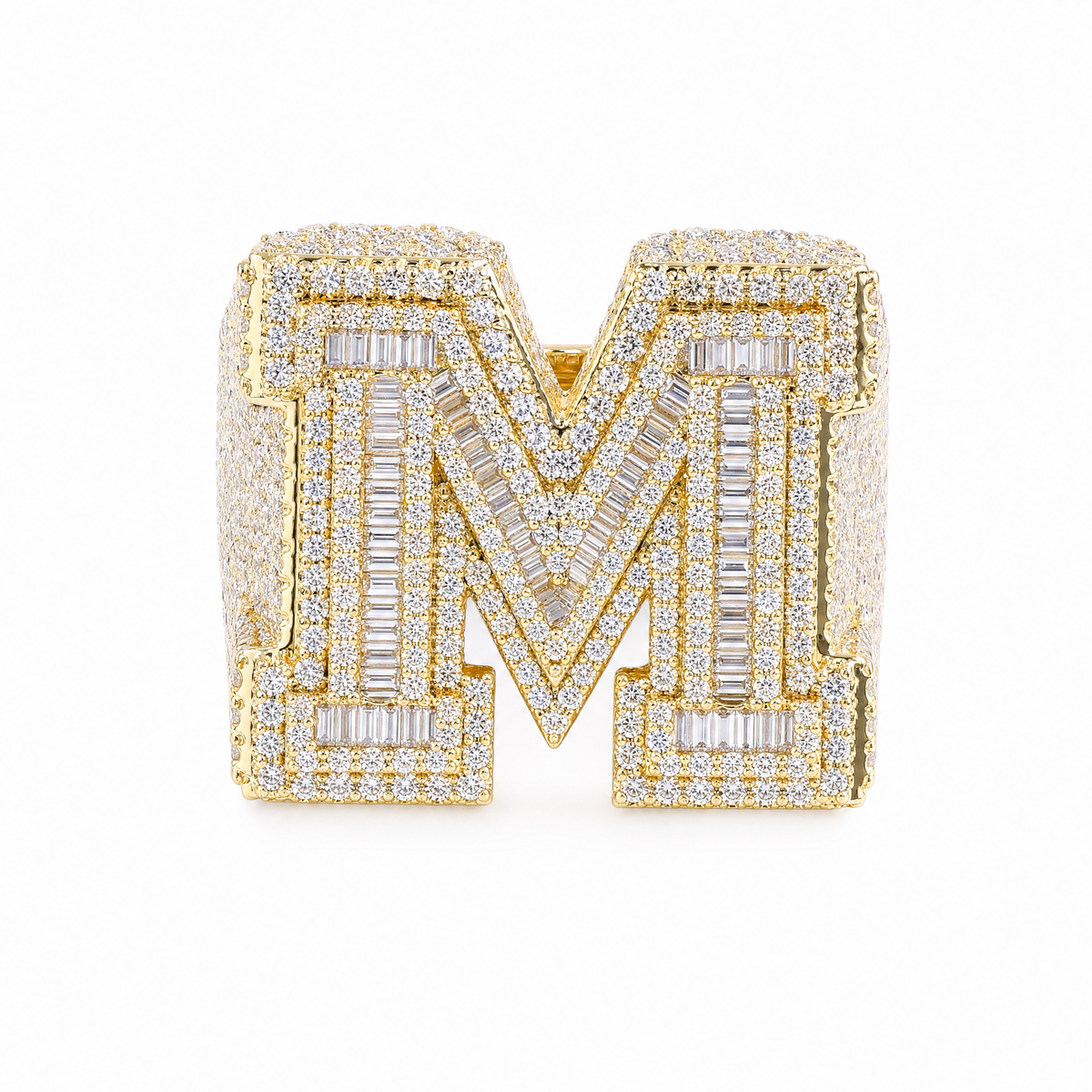 Gold iced letter M ring on white background